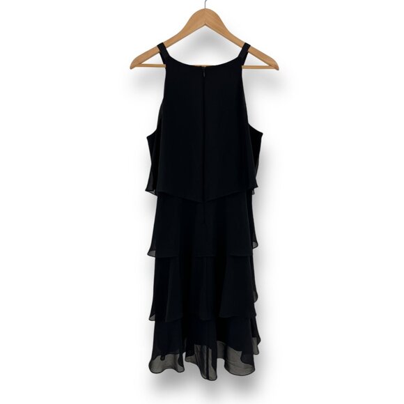 Size 12 BLACK CHIFFON TIERED DRESS W/PEARL BEADED NECKLINE Wedding Evening Party - Picture 5 of 6